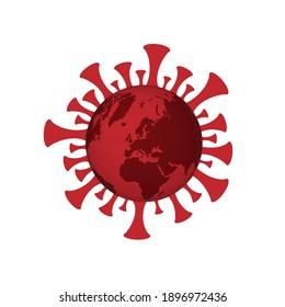 Red virus signs with coronavirus symbol with world map inside isolated on white background