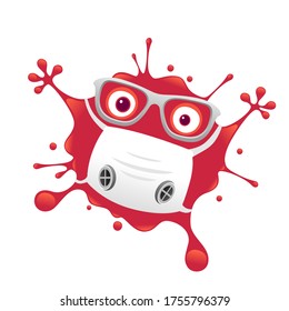 Red virus splash with medical mask.Vector illustration of splash character with medical protection mask.