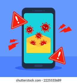 Rote Viren verbreiten sich von infizierten E-Mails im Smartphone. Systembedrohungswarnung. Cybersicherheit oder Antivirenkonzept. Virus, Malware oder Nebenprodukte. Flaches Cartoon-Icon-Design. Vektorgrafik.