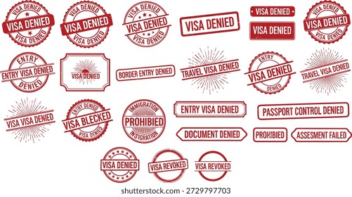 Red visa denied stamps and labels for immigration refusal