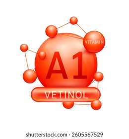 Red vitamin A1 or Vetinol surrounded by molecule atoms on white background. Vitamins complex for design dietary supplement products. Medical science health care concept. 3D Vector EPS10.