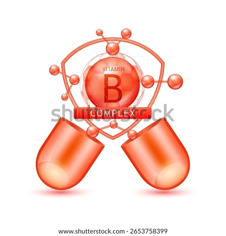 Red vitamin B complex in shield surrounded by atoms molecules float out of the open capsule on white background. Pill drug vitamins complex. For design dietary supplement products. 3D vector.
