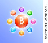 Red vitamin B complex. Surrounded by ball vitamins varicolored. Used for design dietary supplement products. Medical health care immunity protection concept. Vector.