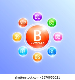 Red vitamin B complex. Surrounded by ball vitamins varicolored. Used for design dietary supplement products. Medical health care immunity protection concept. Vector.