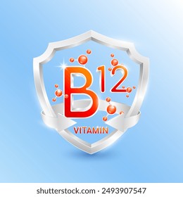 Red vitamin B12 in silver shield with atom molecules surrounded by arrows. Nutrients necessary for building immunity and protect the body stay healthy. For nutrition products food. 3D Vector.
