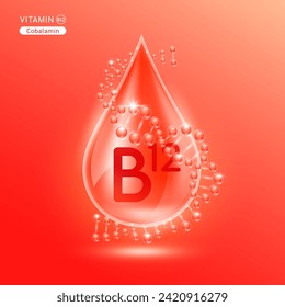 Red vitamin B12 surrounded by DNA. Water drop serum collagen solution moisturizer hyaluronic acid vitamins complex from nature essential skin care. For ads cosmetics cream lotion. Vector EPS10.
