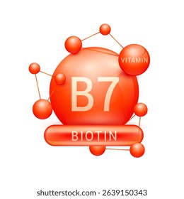 Red vitamin B7 or Biotin surrounded by molecule atoms on white background. Vitamins complex for design dietary supplement products. Medical science health care concept. 3D Vector EPS10.