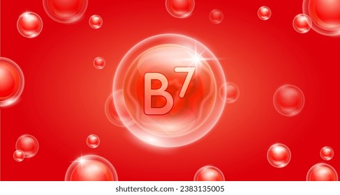 Red vitamin B7 floating in the air. Vitamins minerals complex and collagen serum. For cosmetic banner or beauty skin care nutrition design. Essential supplement to the health body. 3D vector.