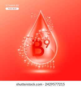 Red vitamin B9 surrounded by DNA. Water drop serum collagen solution moisturizer hyaluronic acid vitamins complex from nature essential skin care. For ads cosmetics cream lotion. Vector EPS10.