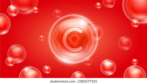 Red vitamin C floating in the air. Vitamins minerals complex and collagen serum. For cosmetic banner or beauty skin care nutrition design. Essential supplement to the health body. 3D vector.