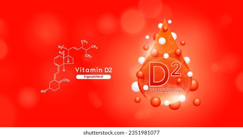 Red vitamin D2 water drop and chemical structure. Vitamins complex mockup surround with collagen hyaluronic acid moisturizer for skin care cosmetics design. Beauty treatment nutrition. 3D Vector.