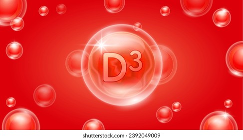 Red vitamin D3 floating in the air. Vitamins minerals complex and collagen serum. For cosmetic banner or beauty skin care nutrition design. Essential supplement to the health body. 3D vector.