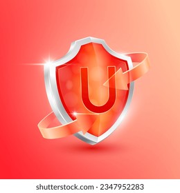 Red vitamin U shield and clear glass arrows. Symbol protection boost immunity the body stay healthy. For advertising nutrition products food. Medical health concepts. Icons 3D vector illustration.