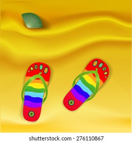 red vivid flip flop on the sand with green  shell, summer collections, vector, sea time