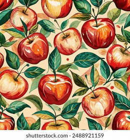 Red vivid jucy watercolor painted apples vector seamless pattern