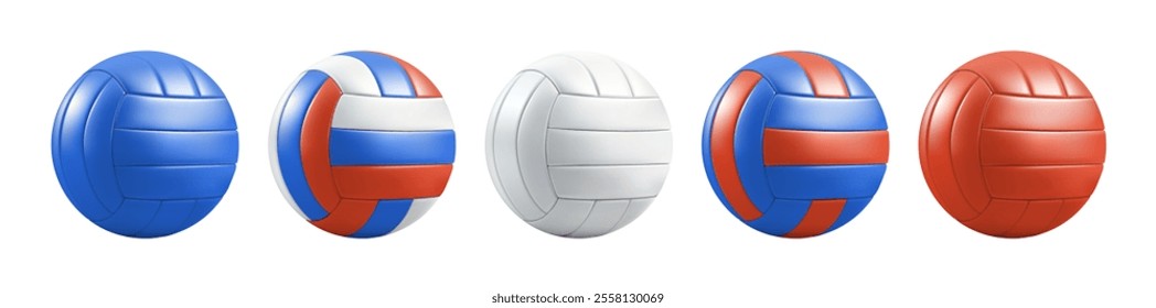 Red volley ball mockup set. Vector volleyball 3d. Sport skill trophy icon isolated on white. Realistic texture round game pictogram. Beach handball, water polo school logo. Colorful club symbol render