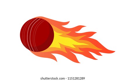 Red volume cricket ball with bright flame on white background. Vector sport design. Sports, fitness, activity vector illustration. Vector elements of equipment for cricket. Realistic color version.