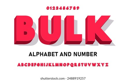 Red volumetric 3D font with flat colors. Red chic bright bold 3D alphabet with symbols and numbers.