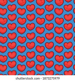 Red volumetric hearts on a blue background. Seamless texture