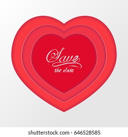 Red volumetric paper cut heart for Valentines day card, wedding invitation background with shadow. 3D effect