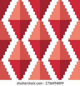 Red volumetric pixel rhombuses isolated on white background. Vertical view. Geometric seamless pattern. Vector graphic illustration. Texture.