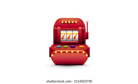 Red volumetric slot machine with jackpot in cartoon style isolated on white background for your arts
