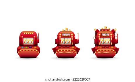 Red volumetric slot machines with jackpot in cartoon style isolated on white background. Steps upgrade of slot machine