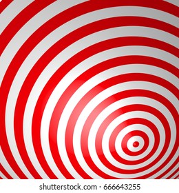 Red volumetric striped background. Concentric circles. Red and white spiral wallpaper. Not trimmed, edges under the mask. Vector illustration.