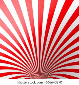 Red volumetric striped background. Cone. Red and white perspective spiral wallpaper. Funnel. Not trimmed, edges under the mask. Vector illustration.