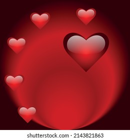 Corazones voluminosos rojos sobre un fondo rojo oscuro símbolo de amor ilustración vectorial