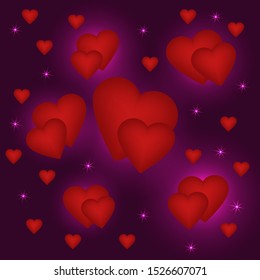 Red voluminous hearts on a purple background with twinkling stars. To the feast of St. Valentine.