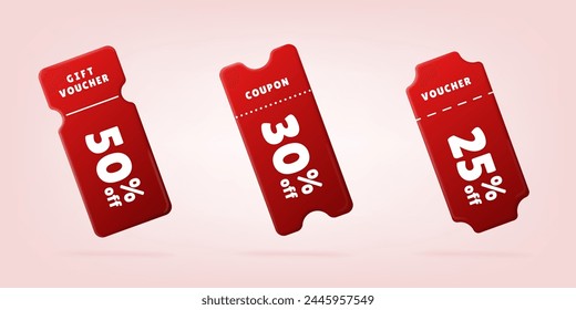 Juego de tarjetas de cupones rojas. Diseño de promoción de Cupón brillante. Vales de Vector aislados con patrón. Para ofertas especiales de Precio Anuncio, póster promocional, descuento compras en línea, venta de Black Friday