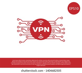Red VPN in circle with microchip circuit icon isolated on white background. Vector Illustration