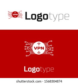 Red VPN in circle with microchip circuit icon isolated on white background. Logo design template element. Vector Illustration