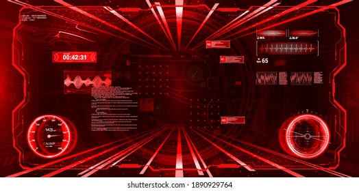 RED VR cockpit with HUD interface and virtual cyberspace. Virtual reality interface for game, vr helmet, cockpit and other. Sky-fi head up display - HUD for GUI, UI. Vector illustration