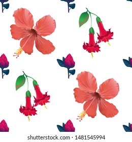 Red Vriesea. Red Angel Trumpet. Red Hibiscus. Vector illustration. Seamless background pattern. Floral botanical flower. Wild leaf wildflower isolated. Exotic tropical hawaiian jungle. Fabric.