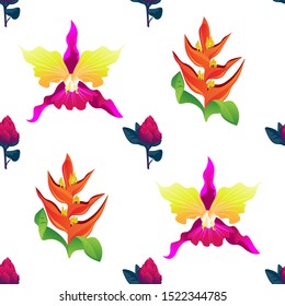 Red Vriesea. Orange Heliconia. Pink Orchid. Vector illustration. Seamless background pattern. Floral botanical flower. Wild leaf wildflower isolated. Exotic tropical hawaiian jungle. Fabric.