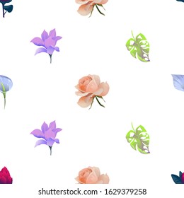 Red Vriesea. Pink Rose. Blue Anthurium Tailflower. Purple Magnolia. Green Monstera. Vector illustration. Seamless background pattern. Floral botanical flower. Wild leaf wildflower isolated. Exotic.