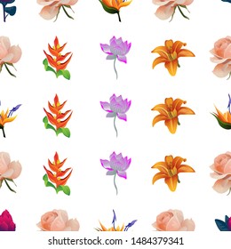 Red Vriesea. Pink Rose. Orange Strelitzia. Orange Heliconia. Purple Lotus. Orange Daylily. Vector illustration. Seamless background pattern. Floral botanical flower. Wild leaf wildflower isolated.