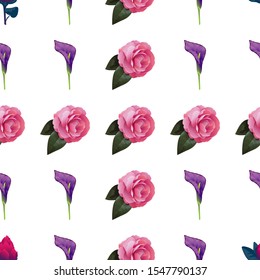 Red Vriesea. Purple Calla. Pink Balsam. Vector illustration. Seamless background pattern. Floral botanical flower. Wild leaf wildflower isolated. Exotic tropical hawaiian jungle. Fabric wallpaper.
