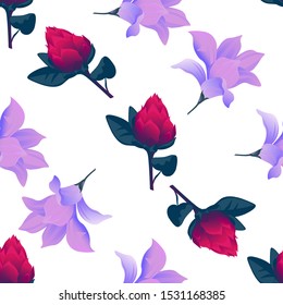 Red Vriesea. Purple Magnolia. Vector illustration. Seamless background pattern. Floral botanical flower. Wild leaf wildflower isolated. Exotic tropical hawaiian jungle. Fabric wallpaper print texture.
