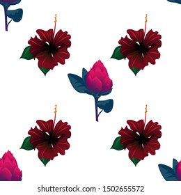 Red Vriesea. Red Rose Mallow. Vector illustration. Seamless background pattern. Floral botanical flower. Wild leaf wildflower isolated. Exotic tropical hawaiian jungle. Fabric wallpaper print texture.