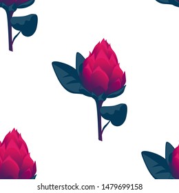 Red Vriesea. Vector illustration. Seamless background pattern. Floral botanical flower. Wild leaf wildflower isolated. Exotic tropical hawaiian jungle. Fabric wallpaper print texture.