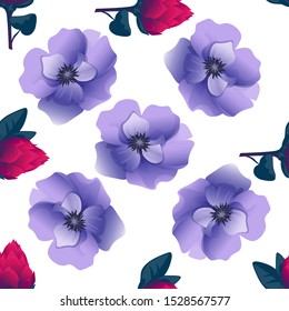 Red Vriesea. Violet Anemone. Vector illustration. Seamless background pattern. Floral botanical flower. Wild leaf wildflower isolated. Exotic tropical hawaiian jungle. Fabric wallpaper print texture.