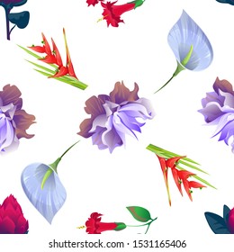 Red Vriesea. Violet Clematis. Red Angel Trumpet. Red Heliconia Bihai. Blue Anthurium Tailflower. Vector illustration. Seamless background pattern. Floral botanical flower. Wild leaf wildflower.