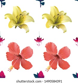 Red Vriesea. Yellow Lilium. Red Hibiscus. Red Fuchsia. Vector illustration. Seamless background pattern. Floral botanical flower. Wild leaf wildflower isolated. Exotic tropical hawaiian jungle.