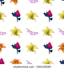 Red Vriesea. Yellow Lilium. Purple Komakusa. Orange Daylily. Vector illustration. Seamless background pattern. Floral botanical flower. Wild leaf wildflower isolated. Exotic tropical hawaiian.