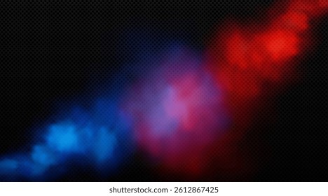 Red vs blue light smoke on black background. Vector realistic illustration of abstract color mist clouds battle, epic fight concept, fire and cold power resistance, boxing match design, overlay effect