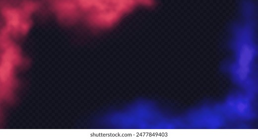 Red vs blue smoke frame isolated on transparent backdrop. Vector design concept. Abstract floating duotone steam, fog