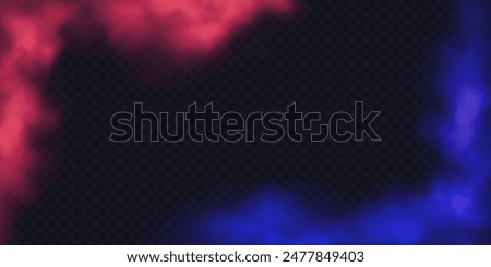 Red vs blue smoke frame isolated on transparent backdrop. Vector design concept. Abstract floating duotone steam, fog